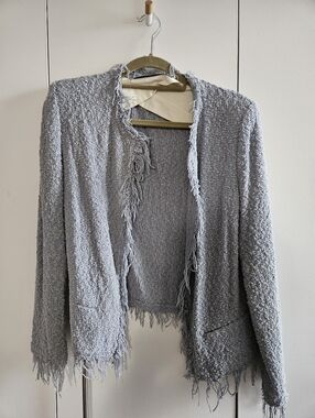 IRO Shavani Size 38 Frayed Open-Front Knit Cardigan - Light Gray
